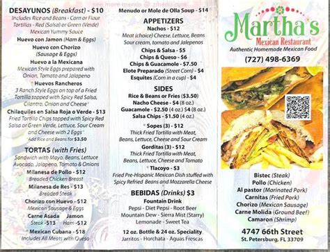 Online Menu of Martha's Mexican Restaurant Restaurant, St. Petersburg, Florida, 33709 - Zmenu