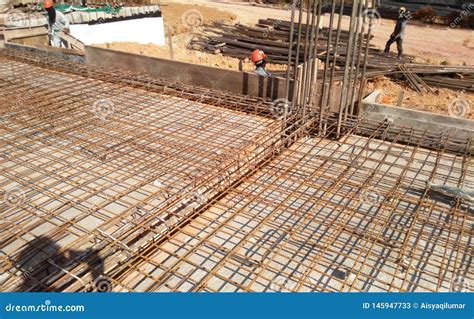 Floor Slab and Beam Reinforcement Bar Under Fabrication at the Construction Site by Workers ...