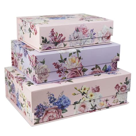 Buy Set of 3 Nesting Hinged Lid Storage Boxes – Floral Rose Print Decorative Treasure Chest ...