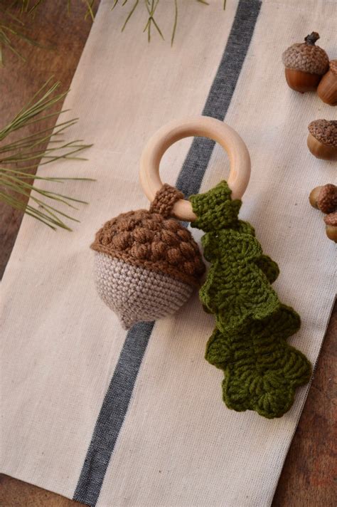 Acorn Baby Rattle Wooden Ring Crochet Sensory Toy Infant | Etsy