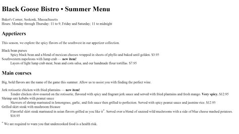 30 Days of Web Design: Black Goose Bistro | Summer Menu