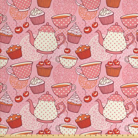 Cartoon Fabric by The Yard, Teapots Cups with Polka Dots Patterns ...