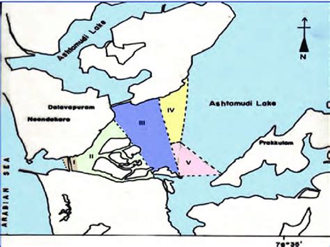 Map of Ashtamudi Lake showing five clam sampling zones | Download ...