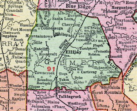 Gilmer County, Georgia, 1911, Map, Rand McNally, Ellijay, Cherry Log ...