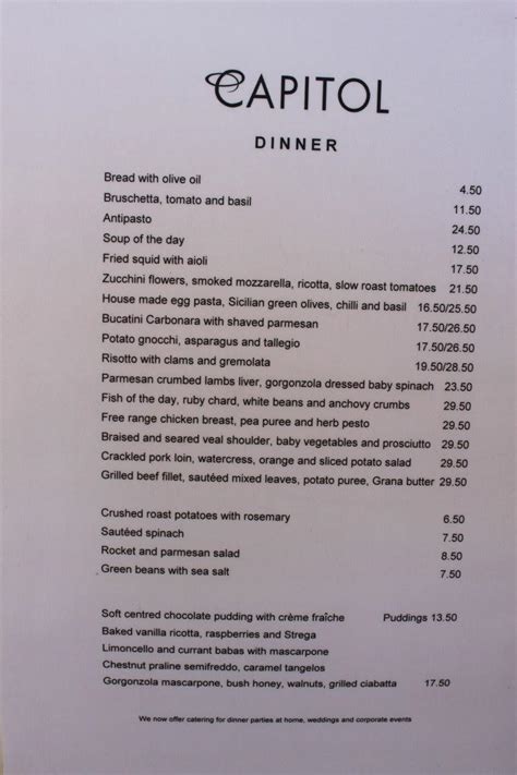 Menu at Capitol Restaurant, Wellington