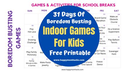 Indoor Games for Kids Free Printable Kids Activity Calendar | Happy Mom ...