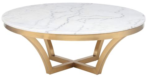 Nuevo Aurora Coffee Table in Brushed Gold Base and White Marble Top - Free Shipping