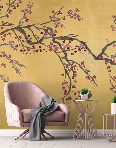 Gold Cherry Blossom Wallpaper Mural - Feathr Wallpapers