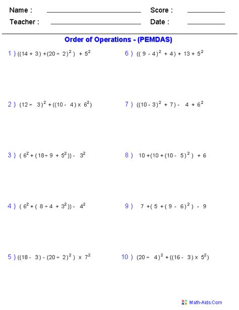 Order of Operations Worksheets | Order of Operations Worksheets for Practice