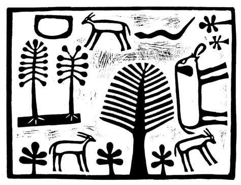 Africa | Khoi-san Bushman art | ‘Elephant, palmtree and snake’ linoprint – 1994 – 26cm x 34cm ...