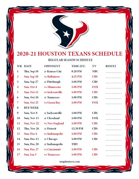 Printable 2020-2021 Houston Texans Schedule