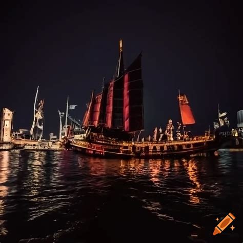 Ancient chinese junk ship sailing into a busy harbor