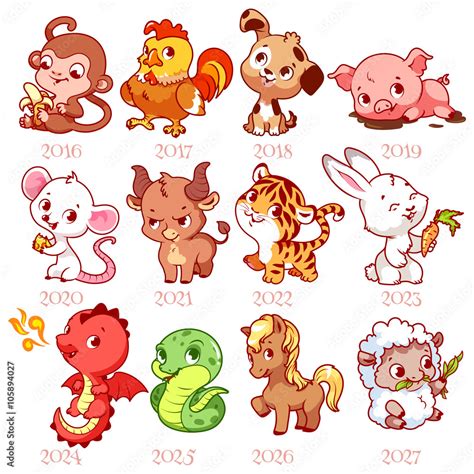 Set of zodiac signs in cartoon style. Chinese zodiac. Stock Vector ...