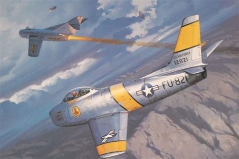 Painting of a Korean War USAF F-86 Sabre dogfight with a Chinese PLAAF MiG-15. Unlike the secret ...