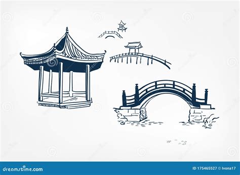 Alcove Bridge Vector Sketch Illustration Japanese Chinese Oriental Line Art Design Elements ...