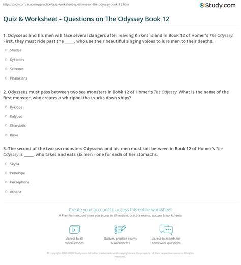 Quiz & Worksheet - Questions on The Odyssey Book 12 | Study.com