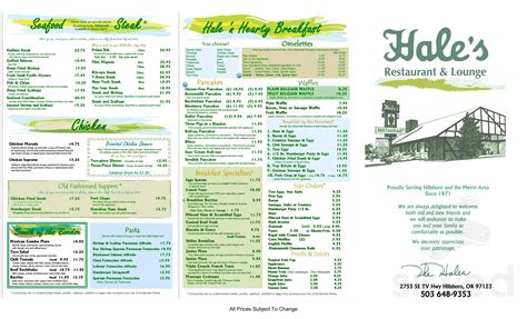 Hale's Restaurant & Lounge menu in Hillsboro, Oregon, USA