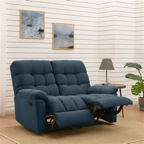 ProLounger Wall Hugger Tufted Velvet Reclining Loveseat in Medium Blue Plush Low-Pile Velvet ...