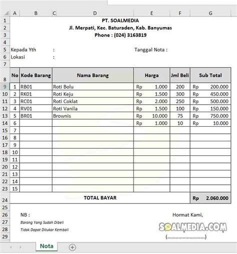 Contoh Nota Excel