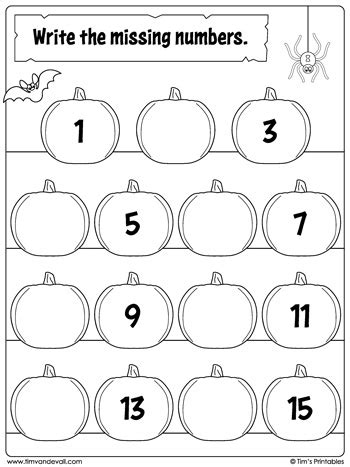 Halloween Missing Numbers Worksheet: Numbers 1 to 15 - Tim's Printables