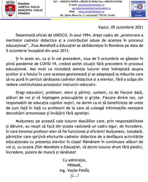 ZIUA MONDIALA A EDUCATIEI- MESAJUL PRIMARULUI