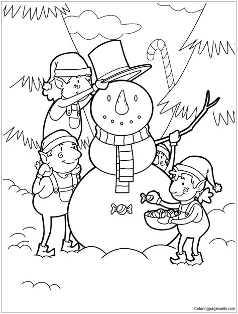 Elves Building A Snowman For Christmas Coloring Page - Free Printable Coloring Pages