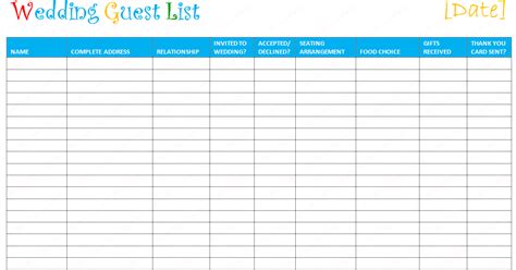 Document Templates: FREE PRINTABLE WEDDING GUEST LIST TEMPLATE