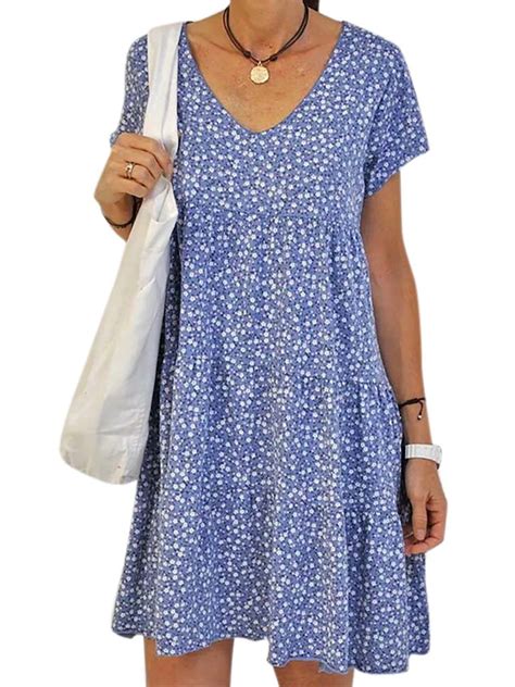 Womens Plus Size Boho Short Sleeve Floral Dress Casual Loose Beach Mini Sundress - Walmart.com