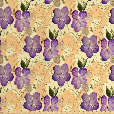 Floral Fabric by the Yard, Romantic Purple Orchids with Tiny Wild Flowers Pointilistic Brush ...