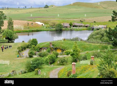 Hobbiton movie set in the Waikato region of New Zealand north island. Rolling hills of The Shire ...