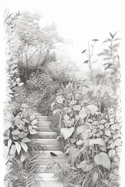 Premium Photo | A pencil drawing of a garden with a wooden staircase leading to a garden.