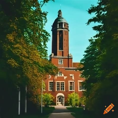 College campus landscape with administration building and bell tower on ...