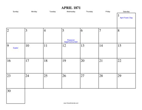 April 1871 Calendar