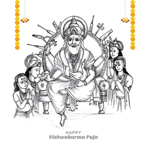 Hand draw hindu god vishwakarma sketch and vishwakarma puja celebration card design 11155992 ...