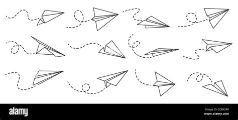 Paper airplane. Outline flying planes from different angles and direction with dotted track ...