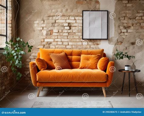 Cute Orange Velvet Loveseat Sofa in Room with Brick Wall. Interior ...