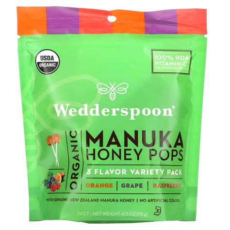 Wedderspoon, Permen Lolipop Madu Manuka Organik, Paket Variasi 3 Rasa, 24 Porsi, 118 g (4,15 ons)