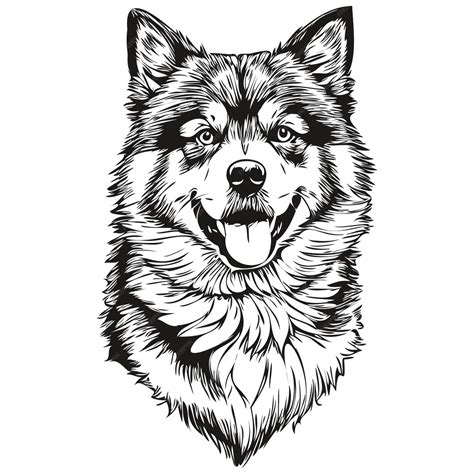 핀란드어 Lapphund 개 애완 동물 실루엣 동물 선 그림 손으로 그린 흑백 벡터 스케치 드로잉 | 프리미엄 벡터