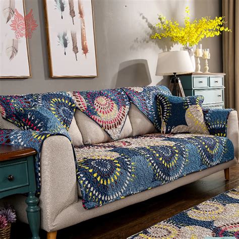 Pastoral style boho floral print quilted sofa cover pure cotton ...