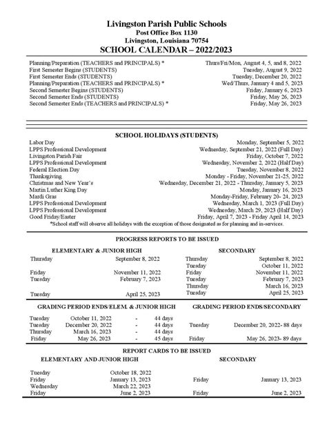 Livingston Parish School Calendar 2022-2023 & Holidays