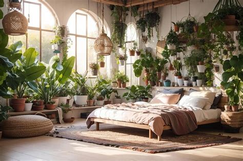 Premium AI Image | Modern boho bedroom with many plants cozy bed and ...