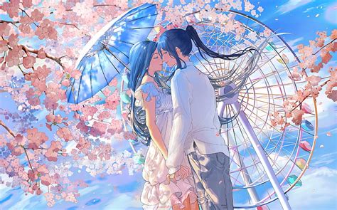 Anime couple, romance, cute, ferris wheel, blue umbrella, spring, white dress, HD wallpaper | Peakpx