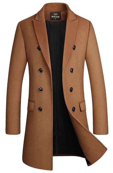 Buy Men's Premium Wool Blend Double Breasted Long Pea Coat (Camel, X ...