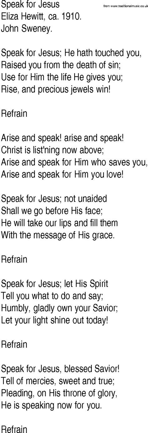 Hymn and Gospel Song Lyrics for Speak for Jesus by Eliza Hewitt ca