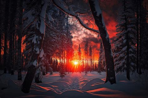 Premium Photo | A winter scene with a sunset in the background