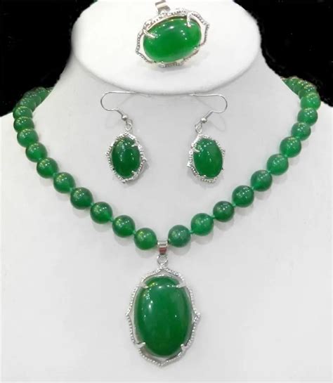 Free Shipping>Natural Charming Green jade stone Necklace Ring Earring Jewelry Sets-in Jewelry ...