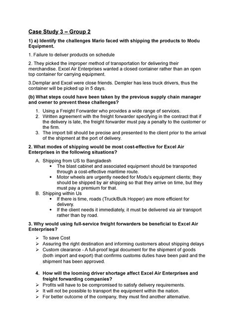 Supply chain management case study 3 Group 2 - Case Study 3 – Group 2 1) a) Identify the ...