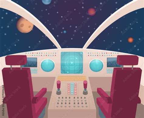 Spaceship cockpit. Shuttle inside interior with dashboard panel vector ...