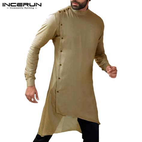 INCERUN Men Arab Islamic Shirt Muslim Clothes Long Sleeve Button Irregular Hem Casual Men Kurta ...