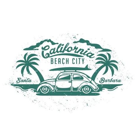 California Beach City Logo with Vintage VW Bug and Palm Trees